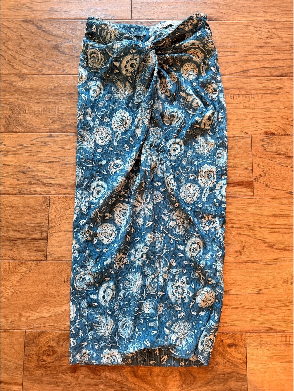 Zara Blue Floral Midi Skirt with Front Twist Detail
